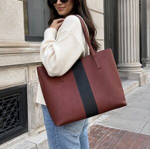 Vince Camuto Brown Tote Bag with Black Center Stripe Pebbled Texture